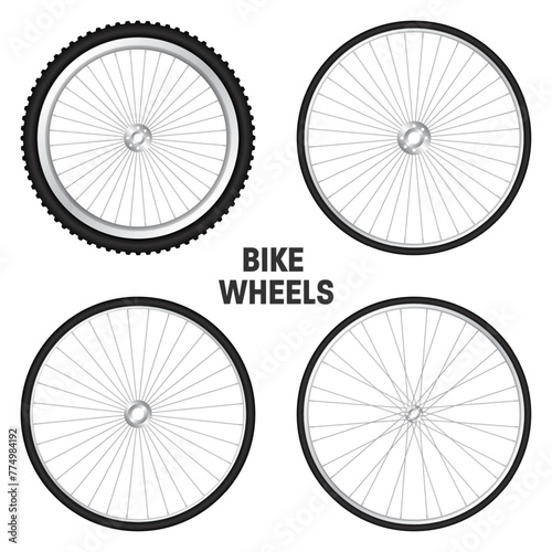 Realistic 3d bicycle wheels. Bike rubber tyres, shiny metal spokes and rims. Fitness cycle, touring, sport, road and mountain bike. Vector illustration