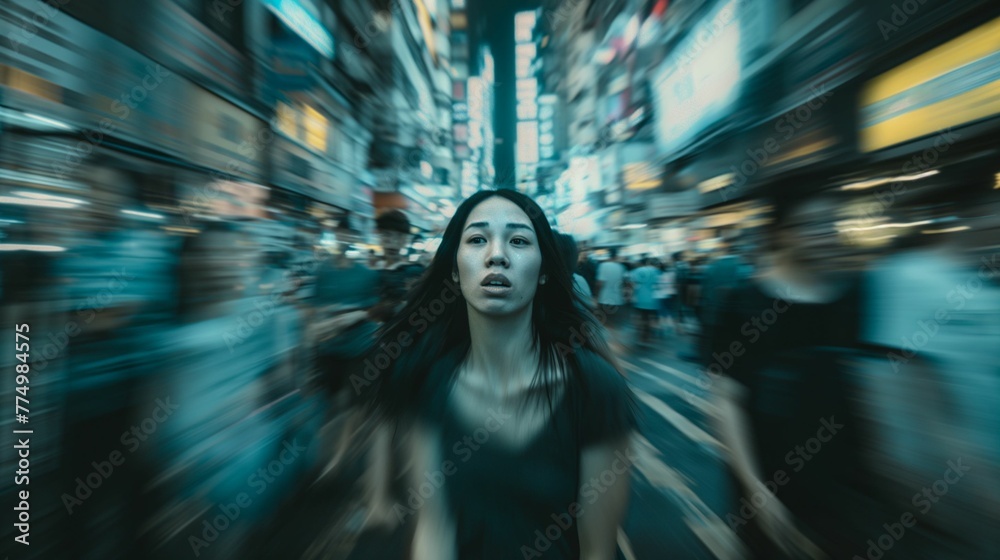 Obraz premium Anxious woman in urban crowd, motion blur conveying rush and stress of city life