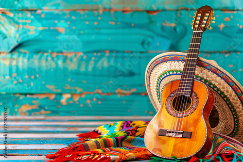 guitar and mexican traditional sombrero hat over colorful background with copy space
