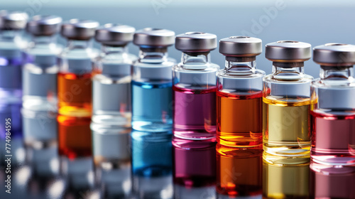 Row of small glass vials filled with colorful liquids, symbolizing chemical diversity and scientific research.