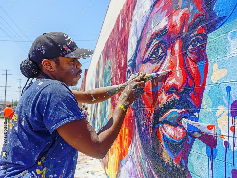 A woman is painting a portrait of a man on a wall. The painting is colorful and vibrant, with the man's face being the main focus. The woman is using a brush to apply the paint