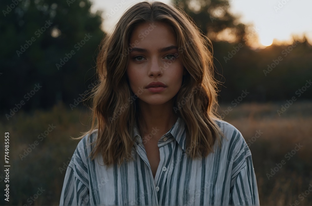 Stylish beauty in oversized shirt poses outdoors while looking at camera