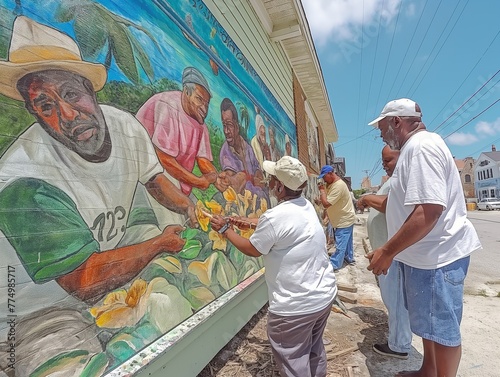 A group of people are painting a mural on a wall. The mural depicts a group of people gathered around a table, with some of them holding bananas. Concept of community and togetherness
