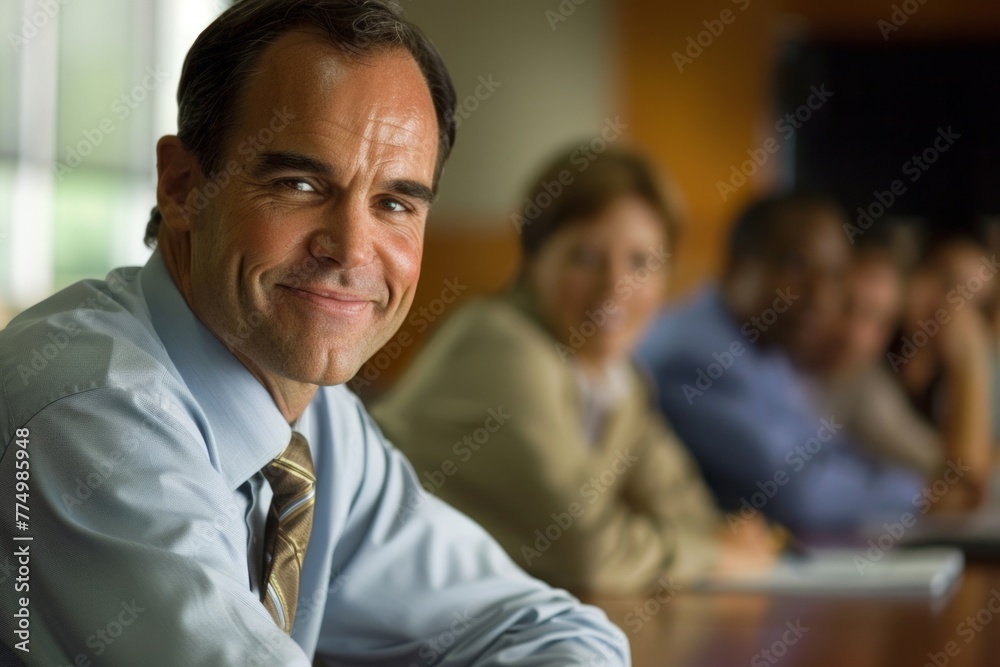 A man is smiling and wearing a blue shirt and tie A man is smiling and wearing a blue shirt and tie