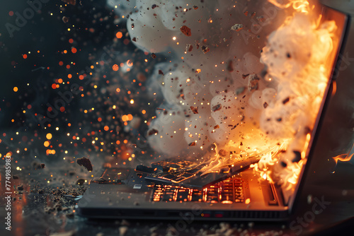 a dell laptop shattering into a thousand pieces and lighting on fire