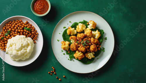 Top view of delicious roasted cauliflower with mashed potatoes and spiced harissa chickpeas served on ceramic plate on green table background 