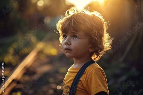 Portrait of a little boy on the background of the setting sun © Iigo