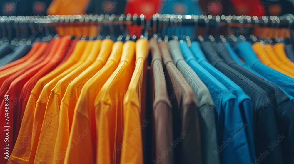 Close-up view of vibrant array of t-shirts showcasing different colors and fabrics, symbolizing the impact of fast fashion on consumer behavior