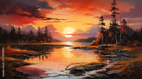 sunset on the lake painting