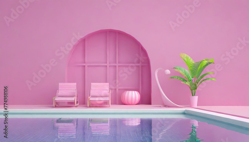A swimming pool during summer,illustration,minimalist style. relaxing in the resort, travel season holiday concept.3D.