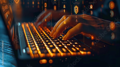 Closeup image of laptop keyboard with hands typing, emphasizing a GDPR shield icon in the dark, high-tech color scheme for enhanced data protection and privacy photo