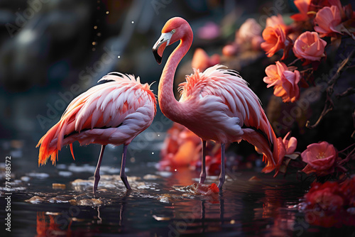 Whimsical flamingos adding a touch of pink elegance to a garden pond, their unique beauty captured in a detailed and high-quality photograph. © ASMAT