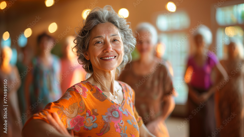 Mature woman with white hair smiling and happy practicing dance or yoga with active seniors.