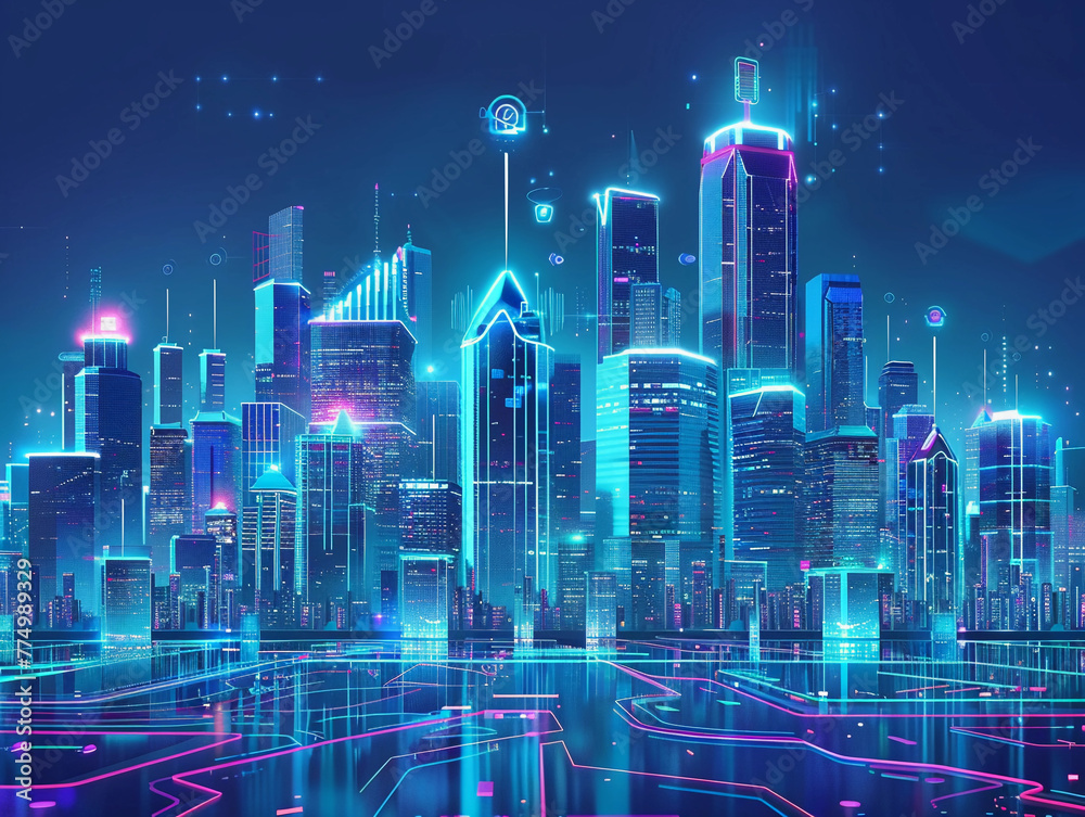 Smart city on a dark blue background, featuring intelligent infrastructure and connected buildings. This futuristic cityscape showcases IoT, 5G and AI integration 