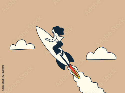Boost fast speed to win business competition, high performance employee, competitive advantage winner, innovation or skill to success concept, businesswoman winner riding rocket