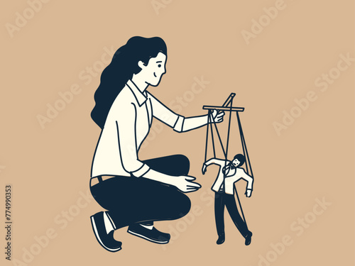 Woman handling a busniess man puppet in hand or Conceptual drawing of the human marionette