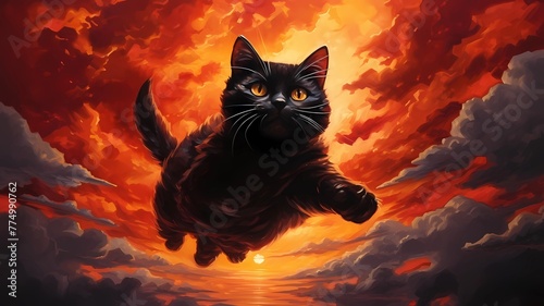 the whimsical yet thrilling moment of a ninja cat gracefully descending from the sky amidst a fiery sunset, its sleek silhouette contrasting against the vibrant hues, while shamefully withering under 