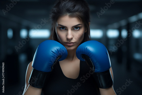 Generative AI image of boxer with a determined look in eyes wearing a boxing gloves © Tetiana