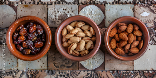 Food For Iftar In Holy Ramadan On A Wooden Table Dates Nuts And Water Horizontal Photo Background © Muhammad