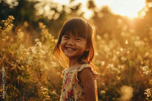 Portrait of happy little asian girl in the field at sunset