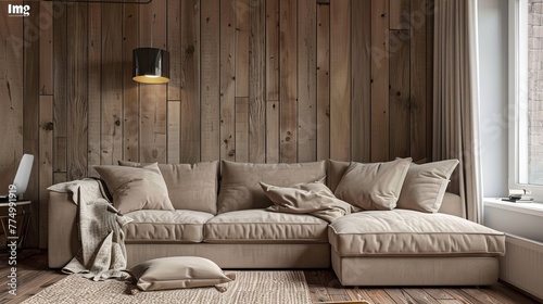 Cozy interior: beige loveseat sofa in small room with wooden wall design - home décor and interior design concept