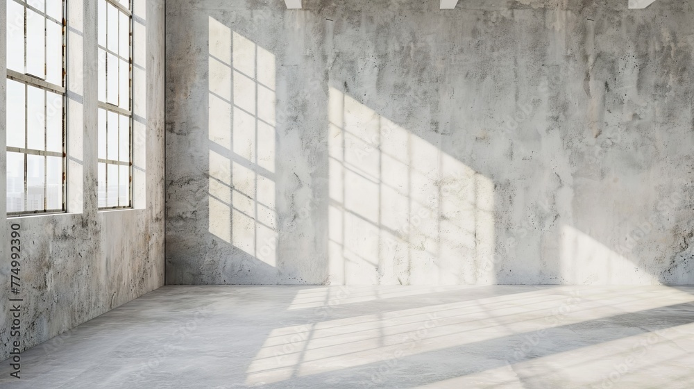 Spacious, modern office interior: bright concrete walls & expansive windows - 3d render mockup