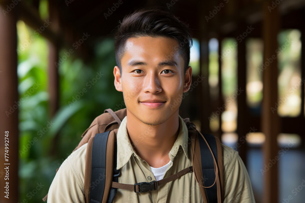 AI generated photo image of handsome man traveler exploring tropical exotic forest AI generated photo image of handsome man traveler exploring tropical exotic forest