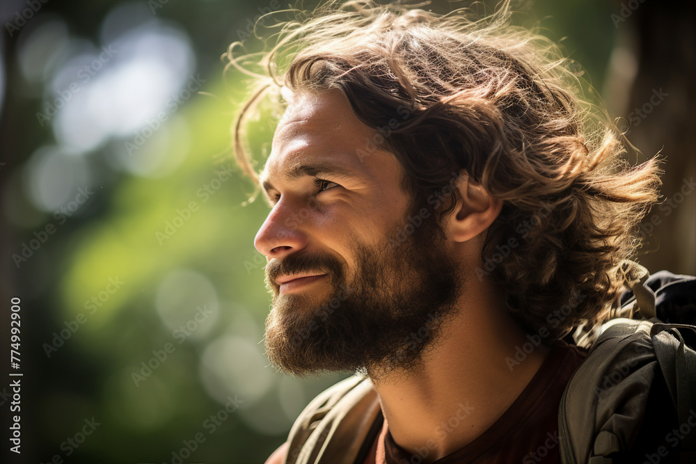 AI generated photo image of handsome man traveler wanderlust tropical exotic forest expedition AI generated photo image of handsome man traveler wanderlust tropical exotic forest expedition
