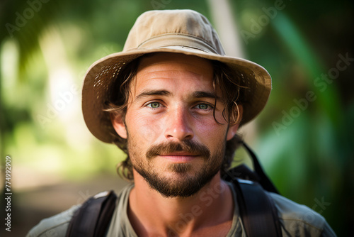 AI generated photo image of handsome man traveler wanderlust tropical exotic forest expedition
