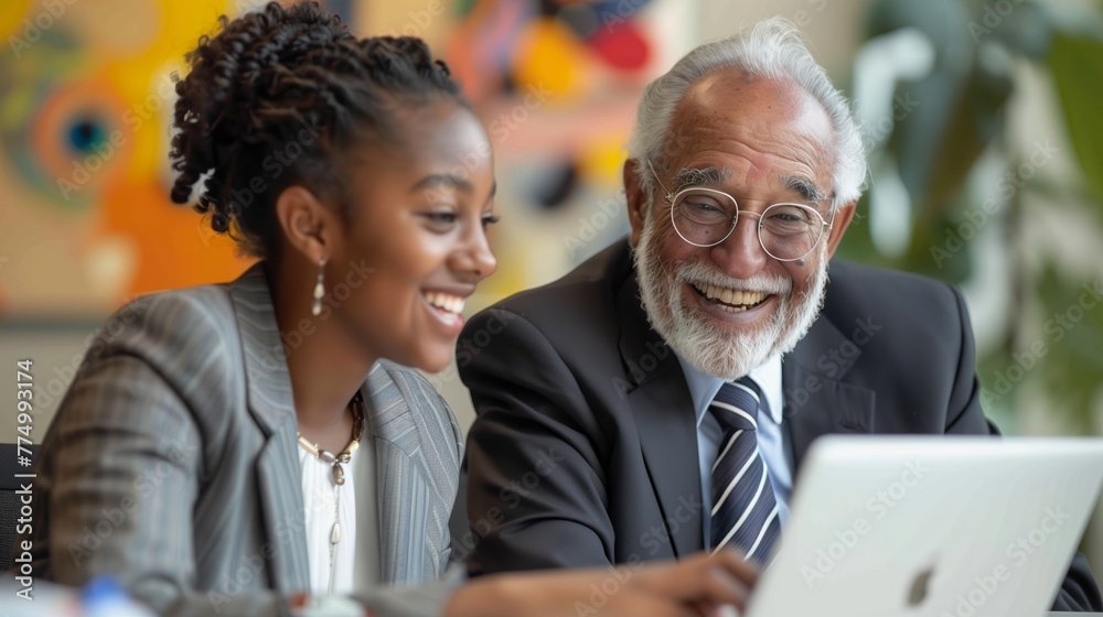 Elderly man with glasses and a young African American woman smiling at a laptop in an office