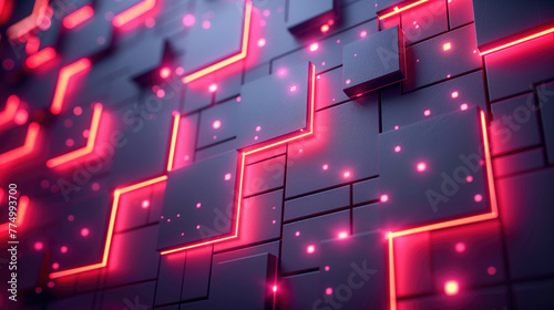 A maze of glowing neon lines traces through a dark grid, suggesting complex technological pathways.