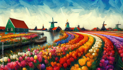 Strokes of a brush bring to life a serene Dutch scene with iconic windmills standing tall amidst colorful ribbons of tulip fields.