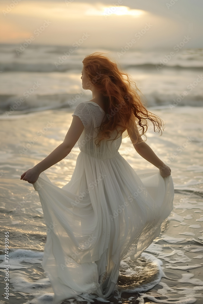 Ethereal woman in white dress walking in sea at sunset, with flowing red hair and tranquil vibe Ethereal woman in white dress walking in sea at sunset, with flowing red hair and tranquil vibe