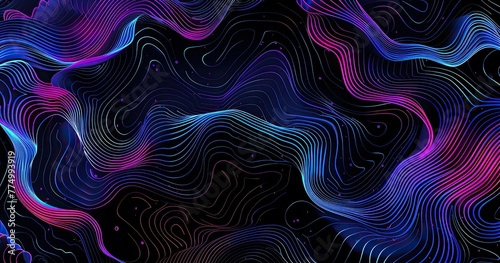 a black background with a few neon colors waves, geometric waves shapes, dark blue, purple, black, mostly black