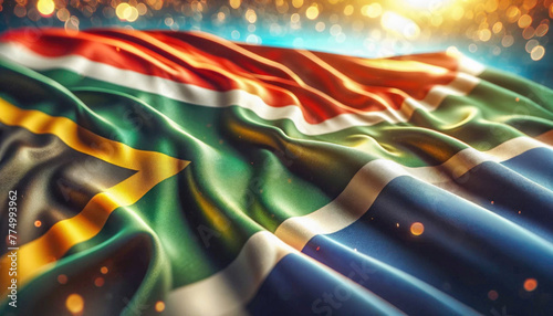 The South African flag ripples with pride, illuminated by a sparkling bokeh light effect.