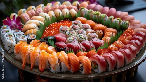 Sushi set. Sushi roll with salmon, tuna, eel and caviar. Japanese food.