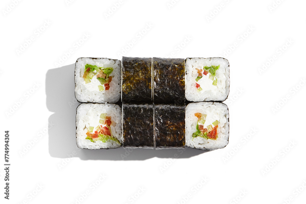 Assorted sushi set with salmon, cucumber, and cream cheese isolated on white background Assorted sushi set with salmon, cucumber, and cream cheese isolated on white background
