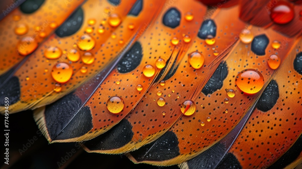 Macaw feathers with water drops, close up. Colorful macaw feathers