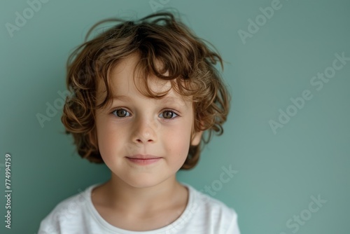 Cute Child with Curly Hair on Teal Background. Generative AI.