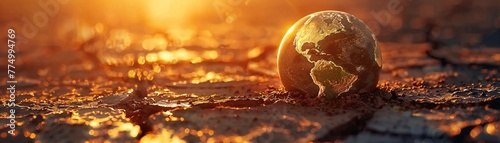 Closeup of a parched earth model, sun looming large, global warming concept, empty space background