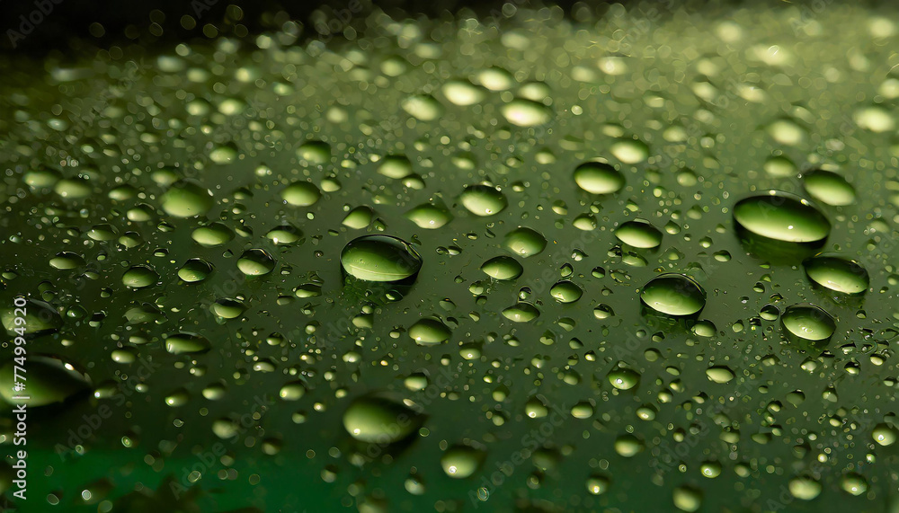 Close-up of water drops on green glass. Abstract backdrop.