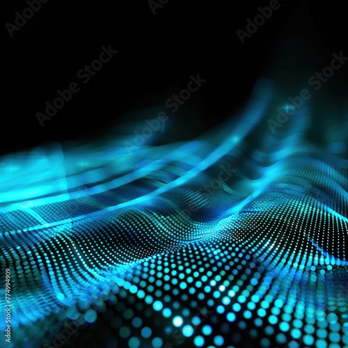 Abstract wave of moving dots, hightech feel, cyan glow, under soft spotlight, wide angle view