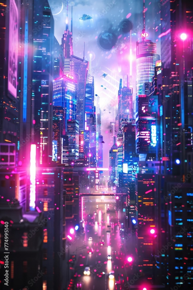 Scifi urban skyline, bright neon effects, digital backdrop, panoramic view