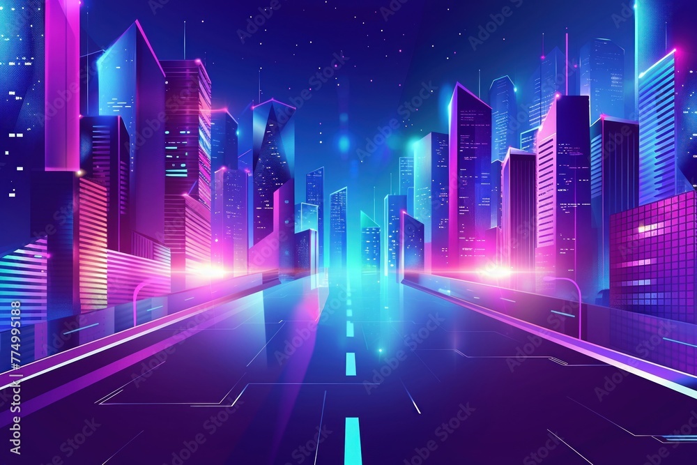 Modern vector city, bright neon lights, futuristic, twilight angle, cinematic style