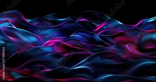 a black background with a few neon colors waves, geometric waves shapes, dark blue, purple, black, mostly black