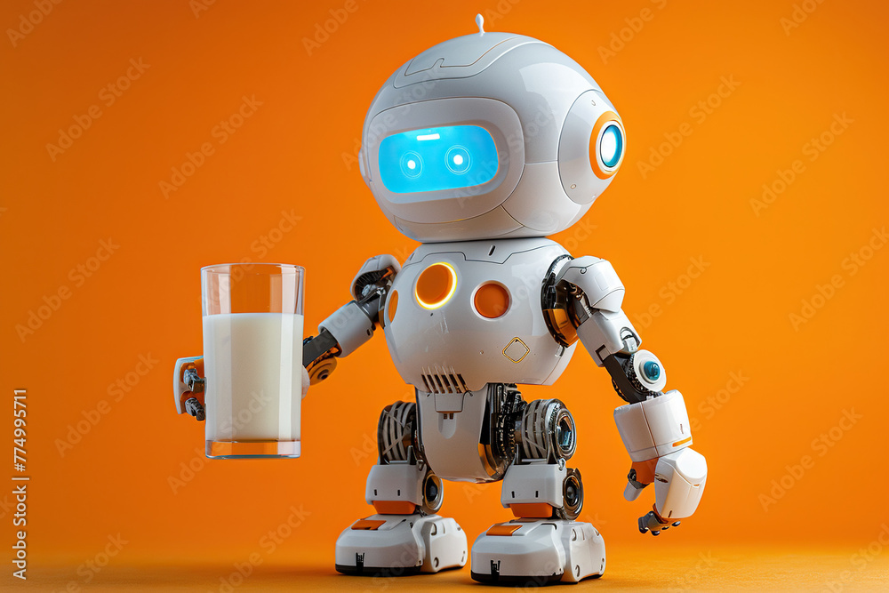 Naklejka premium Happy Japanese little bot with glass of milk isolated on orange background