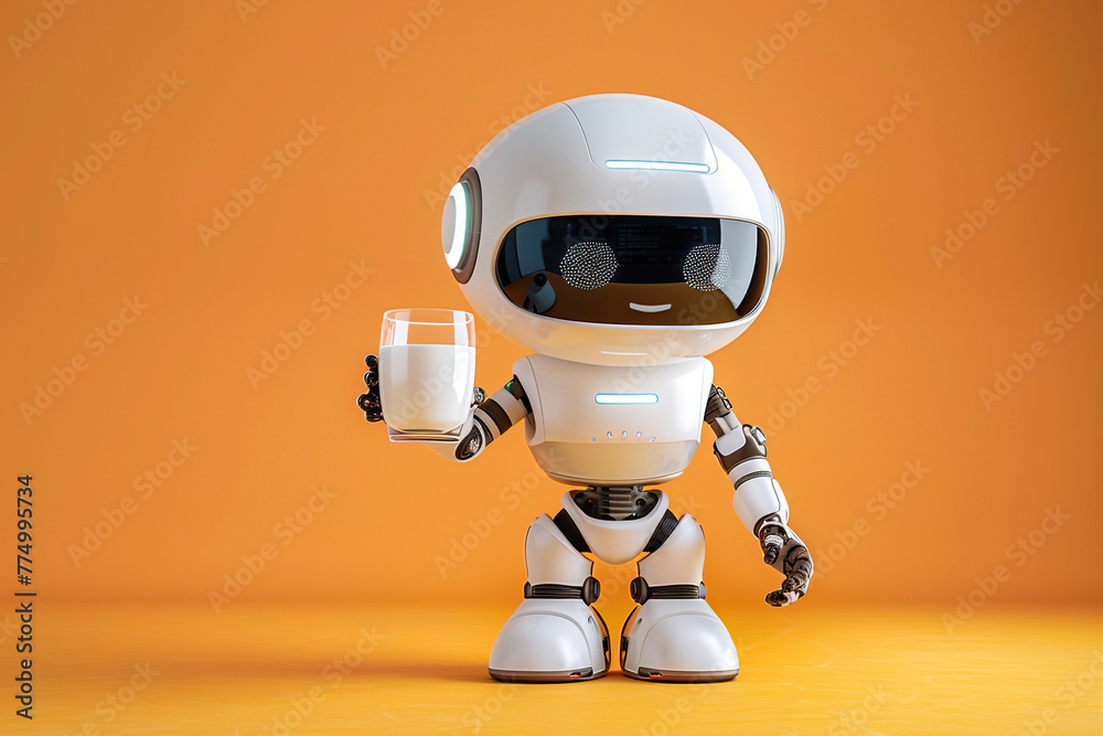 Happy Japanese little bot with glass of milk isolated on orange background Happy Japanese little bot with glass of milk isolated on orange background