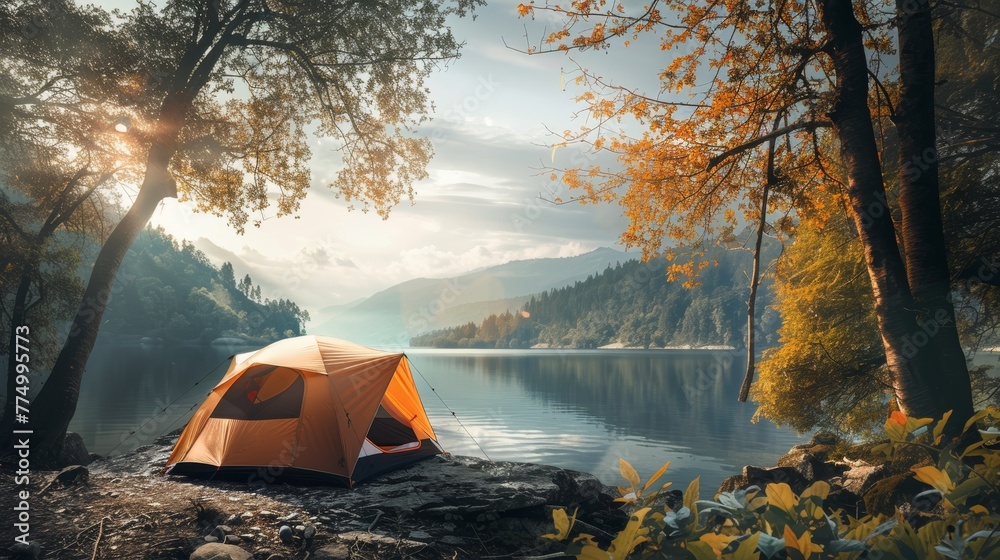 Cozy tent set against a beautiful landscape, highlighting the joy and tranquility of camping in the great outdoors - obrazy, fototapety, plakaty 