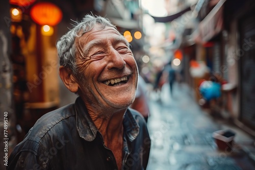 Portrait of a senior man laughing at the camera in the street.