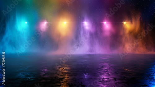 The bright lights illuminate the stage filled with colorful smoke, creating a dazzling atmosphere.